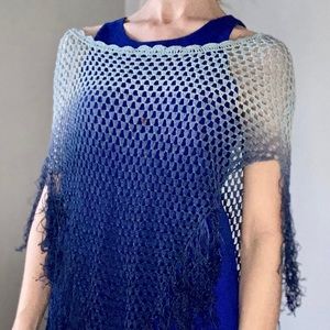 Rave One Size Blue Ombré Poncho Throw Fringe One Size Shawl Crochet